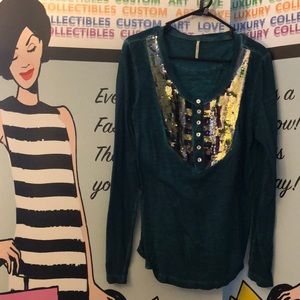 Free People Green w/ sequince Henley shirt
